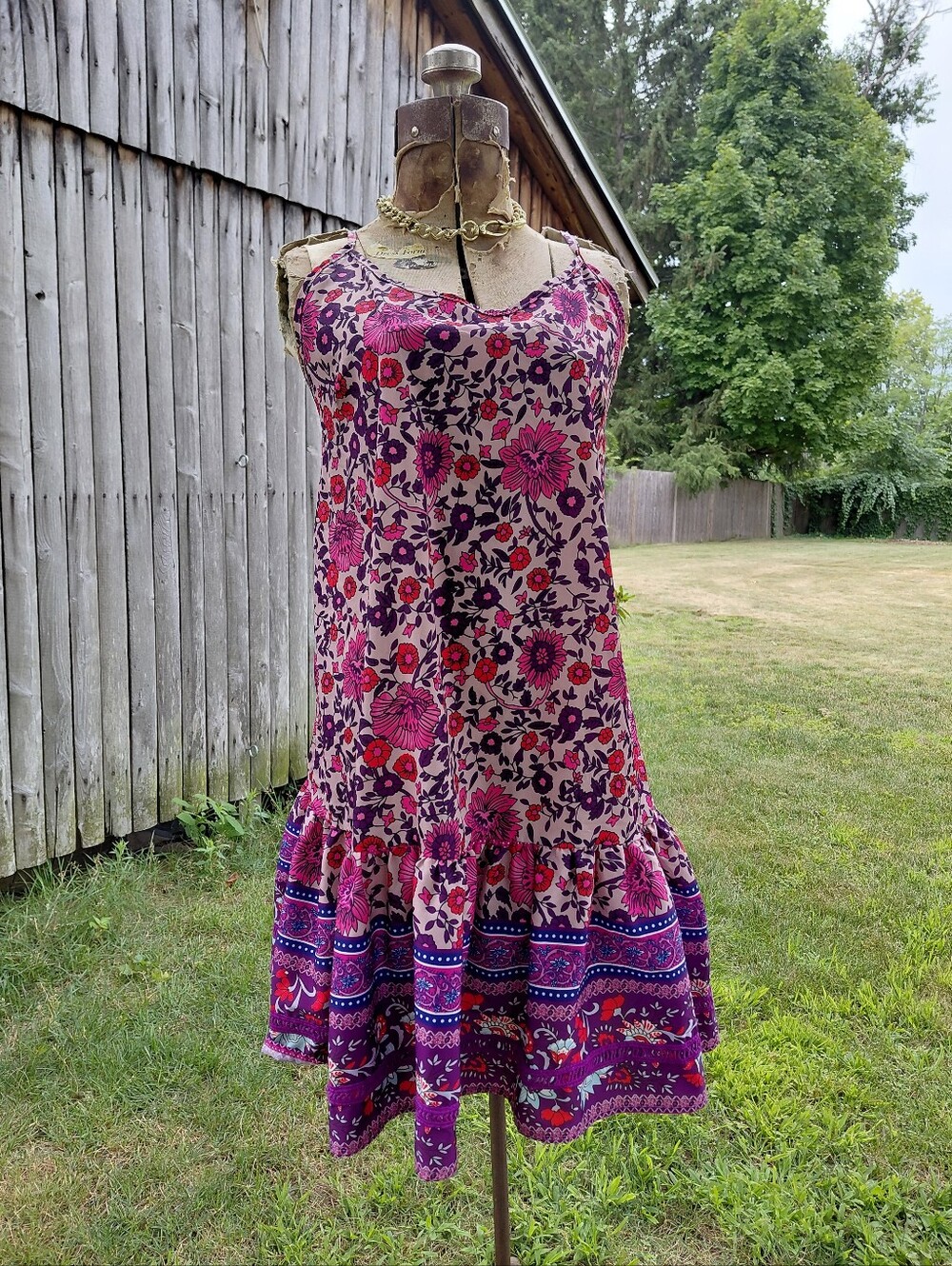 Ruffled pink & purple print boho mini  sundress dress tunic Womens M